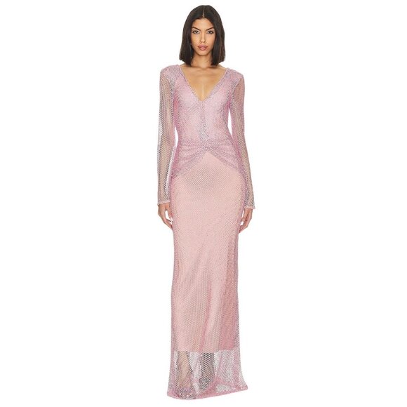 PatBO Rhinestone Netted Plunge Gown in Light Pink 4 New Womens Long Dress - Picture 11 of 11